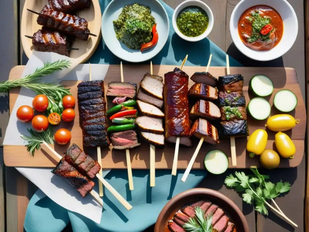 Una deliciosa parrillada uruguaya en una mesa rústica, con cortes magros de carne y verduras coloridas