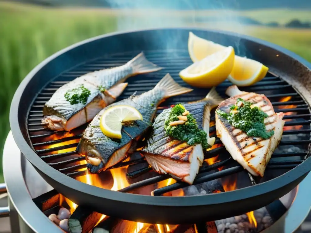 Deliciosa parrillada de pescado en la campiña uruguaya con chimichurri y limones frescos