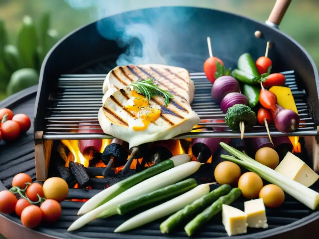 Deliciosa parrillada uruguaya con queso vegetal derritiéndose sobre vegetales coloridos