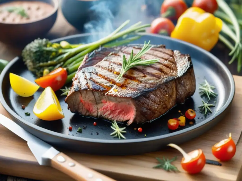 Delicioso asado con carne y vegetales al sol Una deliciosa parrillada rodeada de vegetales frescos, bañada por una cálida luz solar, ideal para fotos gastronómicas asado