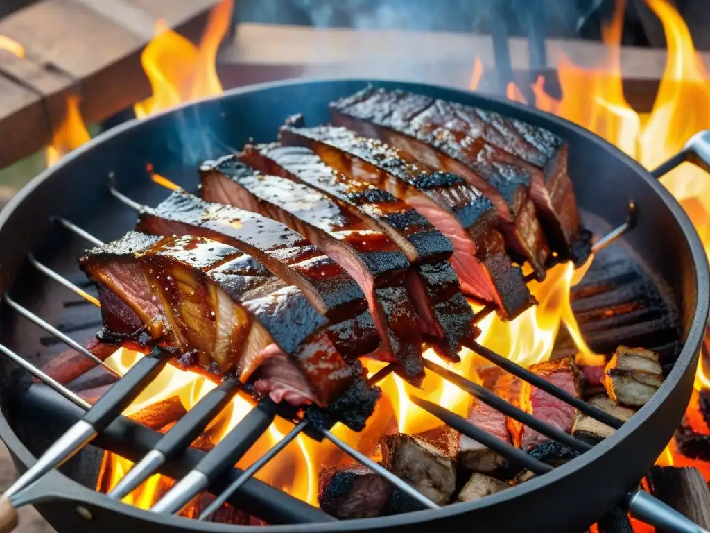 Deliciosa parrillada de Secretos Asado Tira Uruguay: costillas jugosas y caramelizadas, bañadas en salsa, cocinándose en una parrilla rústica