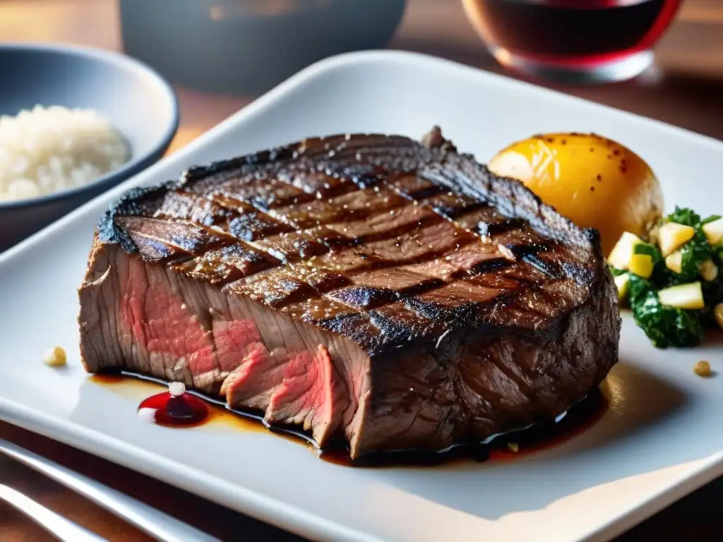 Deliciosa parrillada uruguaya con steak jugoso y vino Tannat