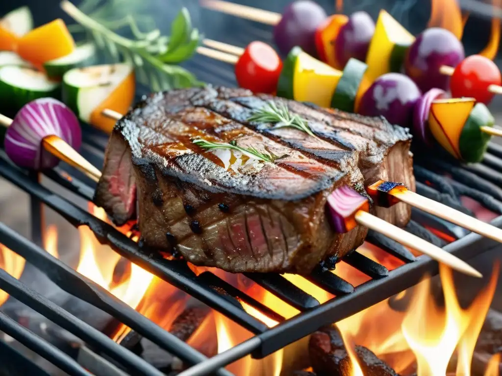 Una deliciosa parrillada con un suculento filete a término medio y brochetas coloridas