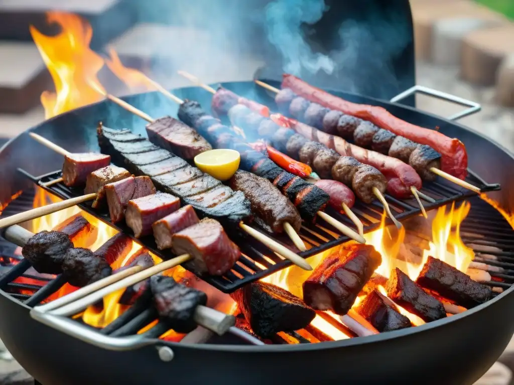 Deliciosa parrillada tradicional uruguaya con variedad de carnes sobre brasas, evocando convivialidad y placer culinario