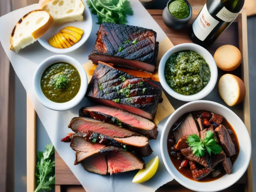 Una deliciosa parrillada uruguaya con variedad de carnes, chimichurri, ensaladas y vino Tannat