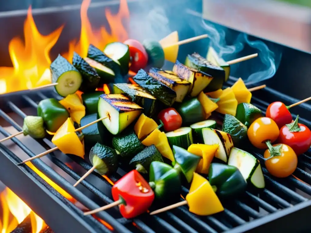 Deliciosa parrillada vegana con brochetas de verduras marinadas, asándose en la parrilla al atardecer