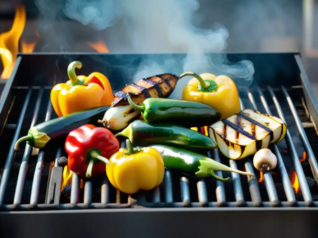 Una deliciosa parrillada vegana con vegetales frescos y coloridos, asándose en la parrilla con humo y llamas