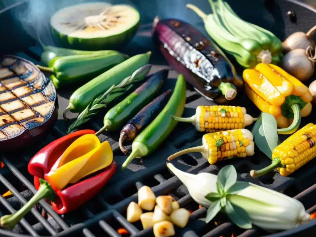 Deliciosa parrillada vegana con vegetales coloridos y frescos, perfectamente asados al aire libre