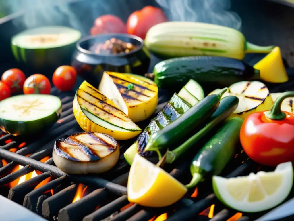 Una deliciosa parrillada vegana con verduras asadas, resaltando colores y aromas