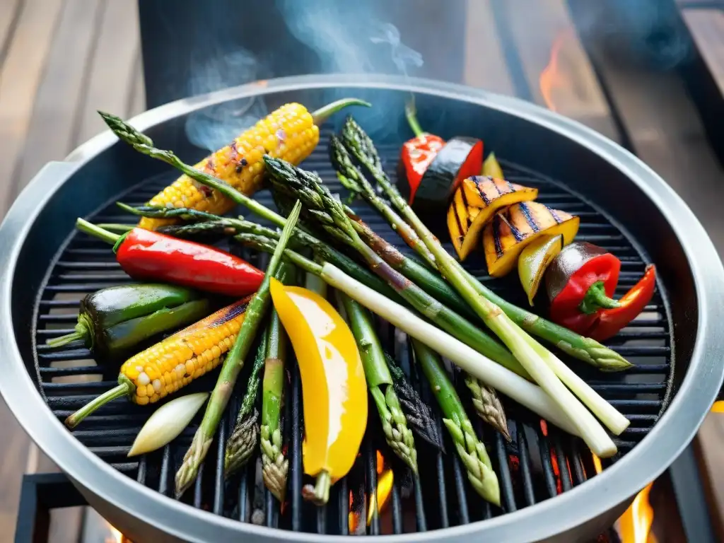 Deliciosa parrillada de vegetales en asado uruguayo, con variedad de colores y brillo de aceite de oliva, sobre una mesa rústica