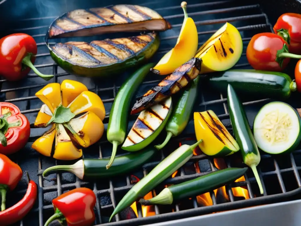 Una deliciosa parrillada de vegetales asados con jugosos pimientos, maíz, calabacín, champiñones y tomates cherry