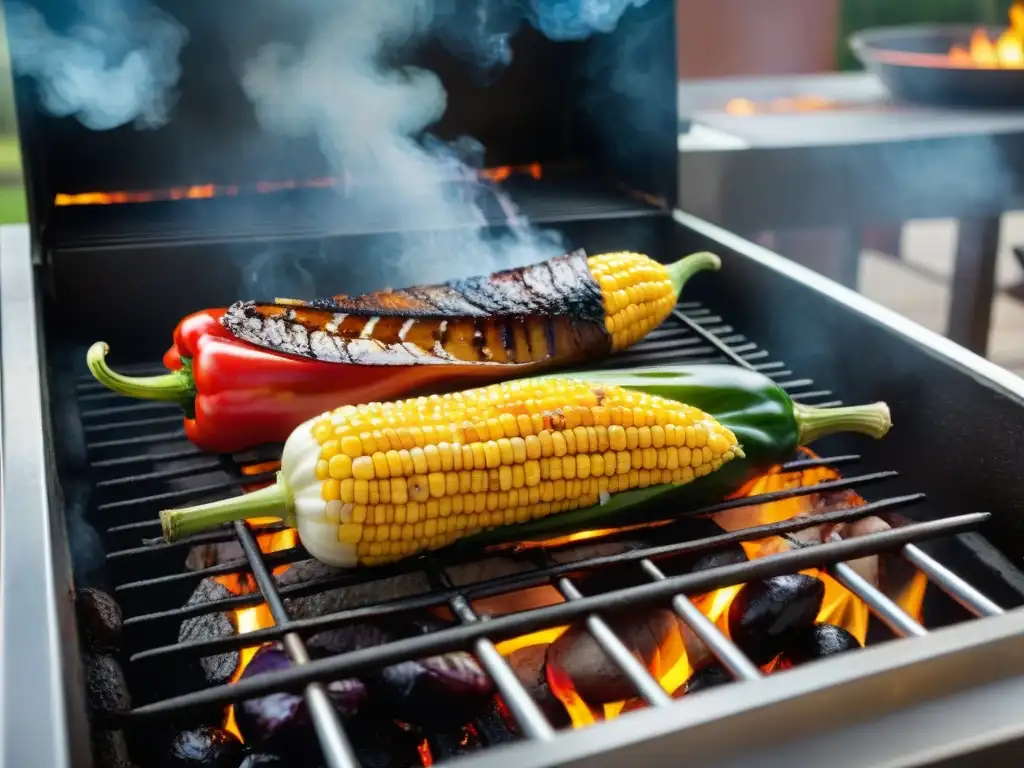 Una deliciosa parrillada de vegetales asados con hierbas y especias, listos para un asado uruguayo sin gluten en el patio soleado