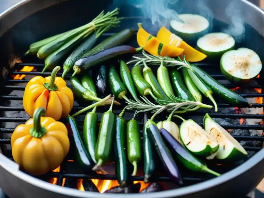 Una deliciosa parrillada de verduras asadas, con colores vibrantes, hierbas frescas y humo, ideal para un asado uruguayo saludable opciones vegetales