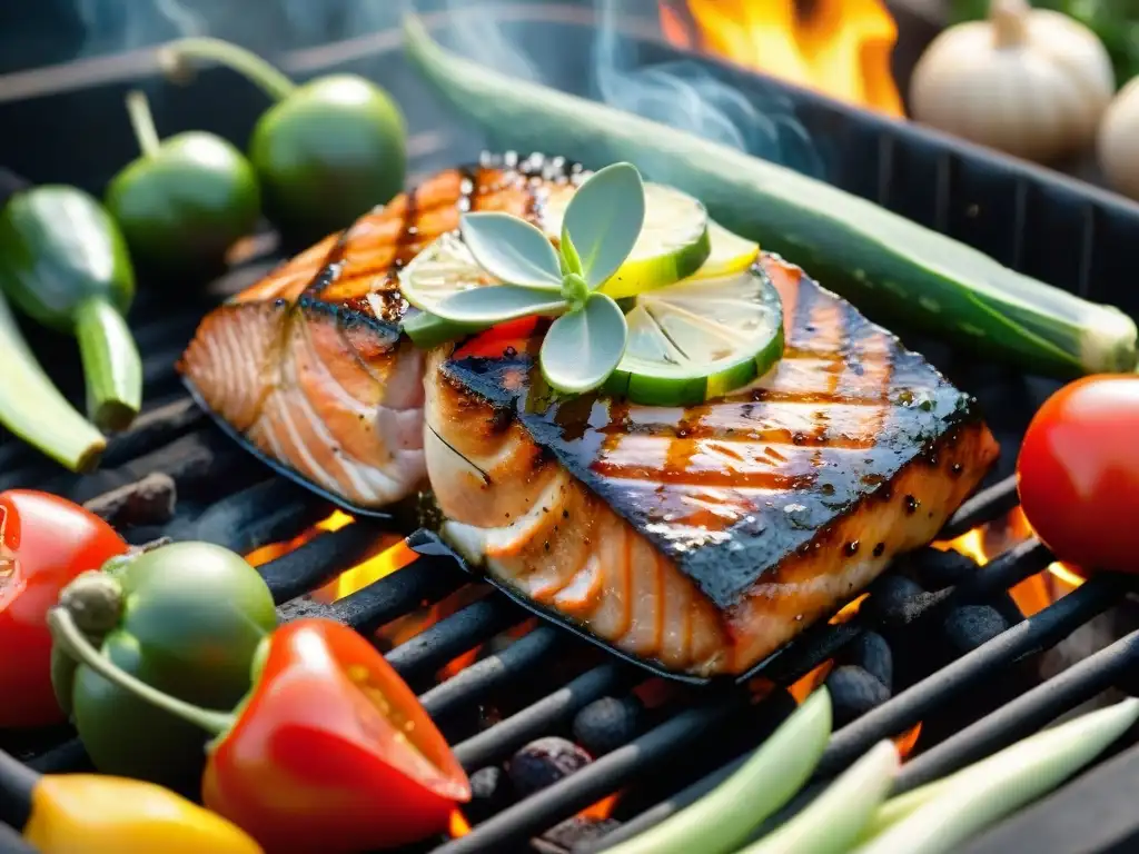 Deliciosa parrillada de salmón con verduras asadas, resaltando los beneficios saludables del asado