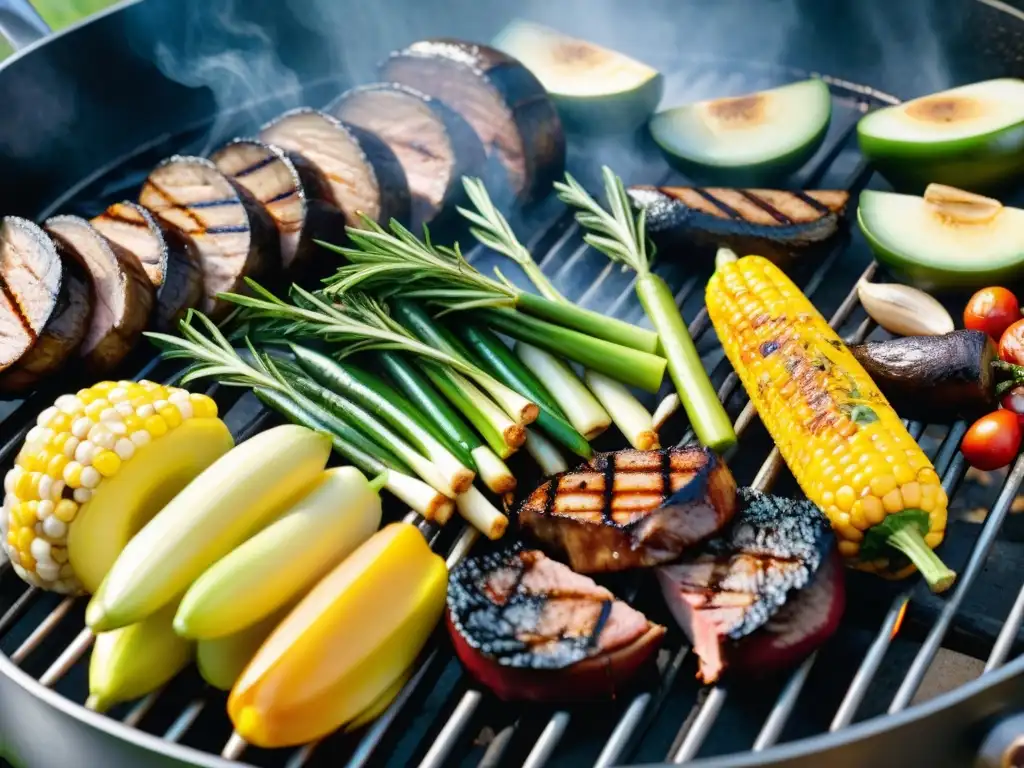 Una deliciosa parrillada de verduras y carnes magras, con grill marks y aceite de oliva bajo el sol