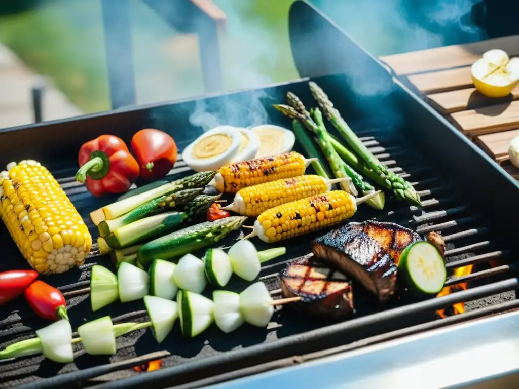 Una deliciosa parrillada de verduras coloridas asadas al aire libre en un día soleado con amigos emocionados