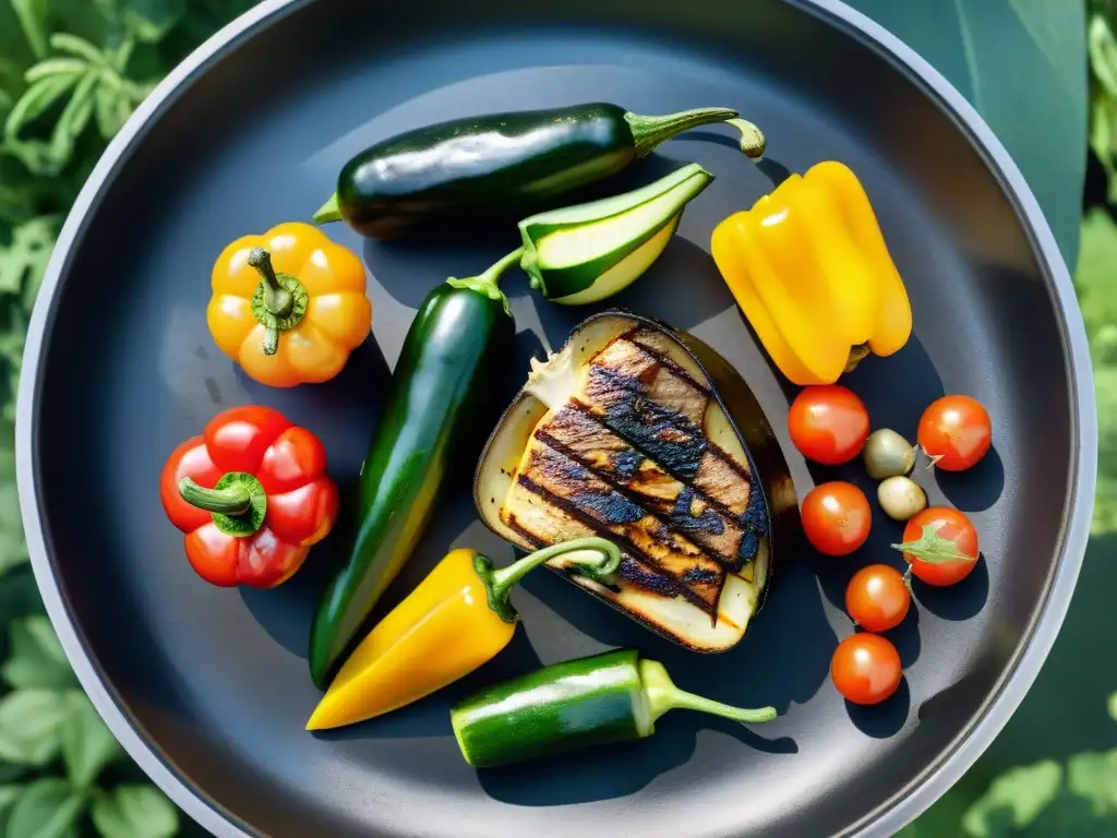 Deliciosa parrillada de verduras con grill marks perfectos en un jardín soleado