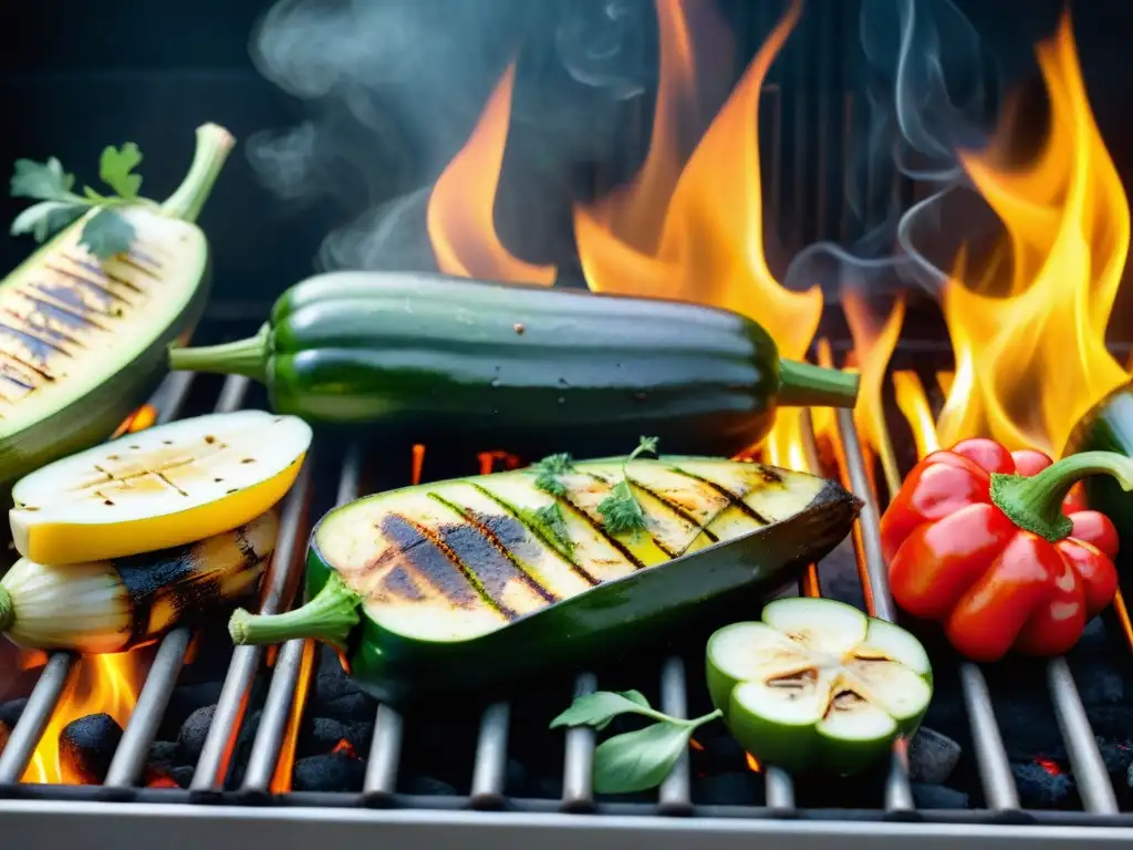 Una deliciosa parrillada de verduras con vibrantes colores y sabores, glistening con aceite de oliva y hierbas frescas