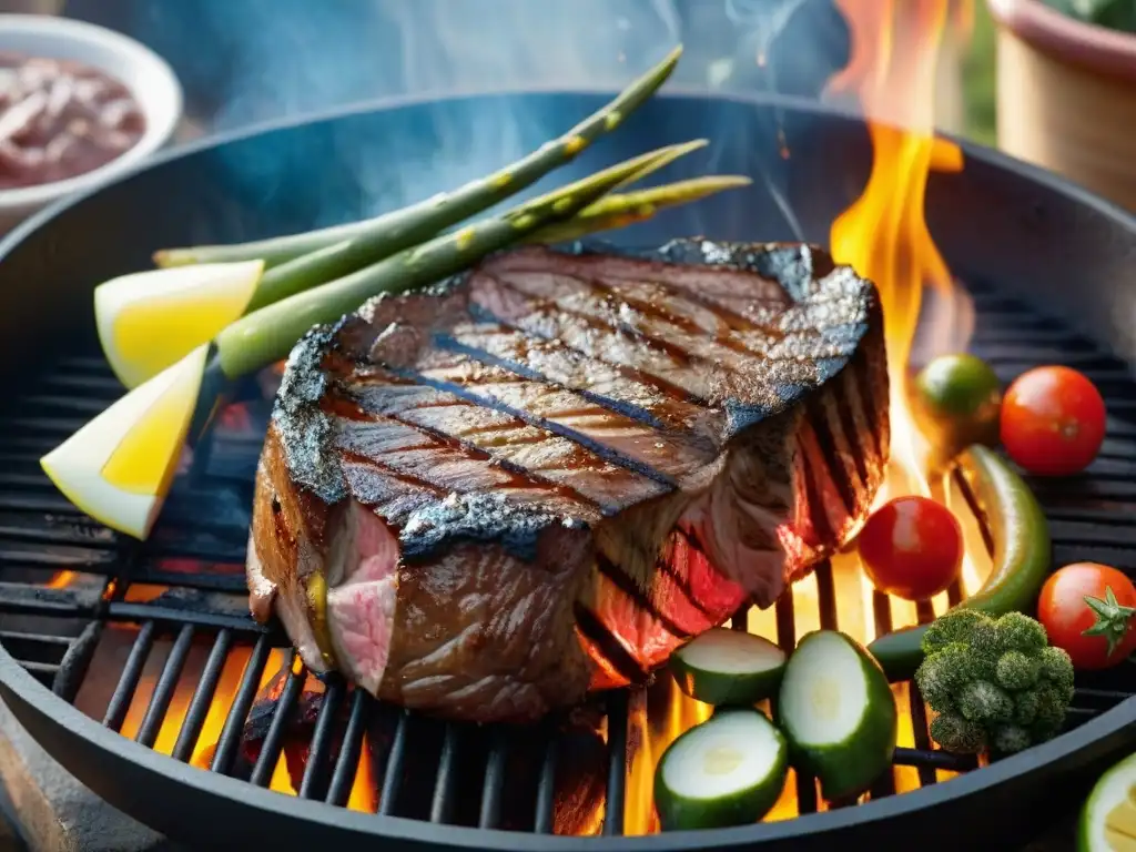 Deliciosa preparación perfecta entrecot uruguayo en parrilla con vegetales a la parrilla