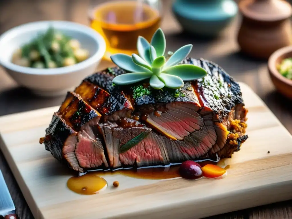 Deliciosa pieza de Asado uruguayo a baja temperatura, con corte tierno y jugoso, rodeado de hierbas y vegetales coloridos en tabla rústica