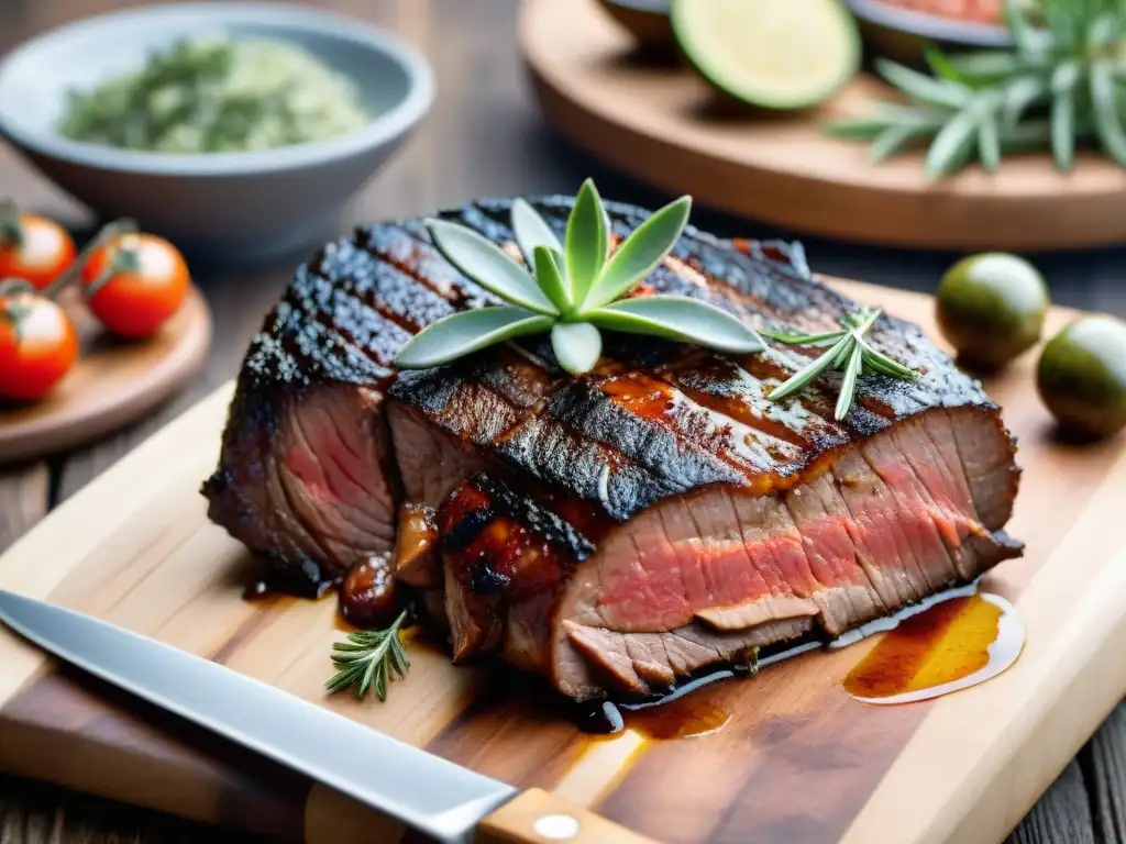 Deliciosa pieza de carne asada uruguaya marinada, jugosa y rodeada de hierbas frescas en una tabla de madera rústica, con una parrilla de fondo