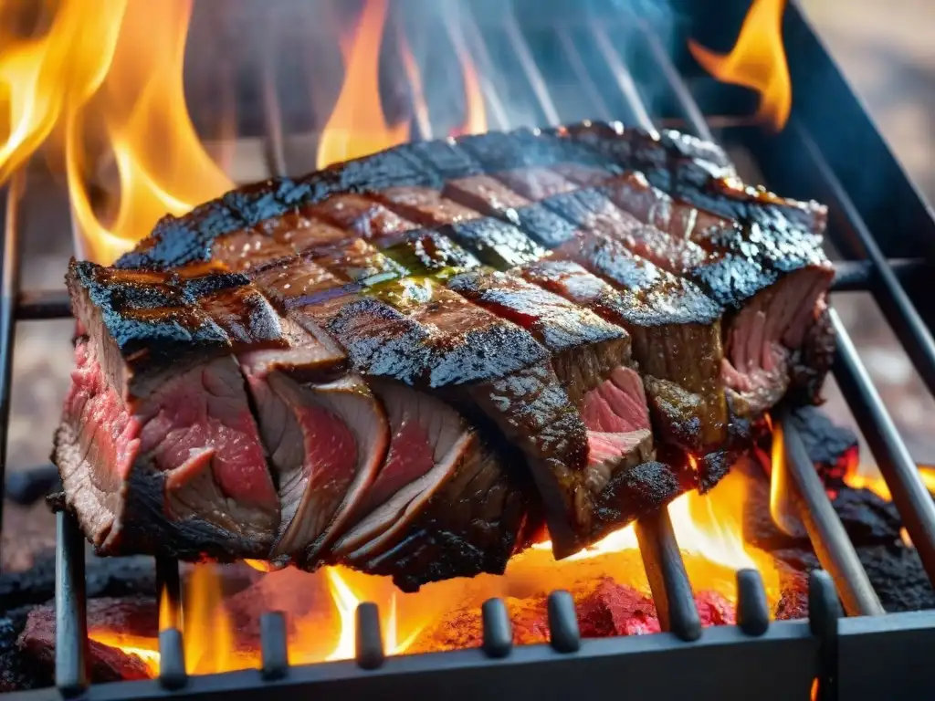 Una deliciosa pieza de carne uruguaya en una parrilla, con marcas de grill y jugos brillantes