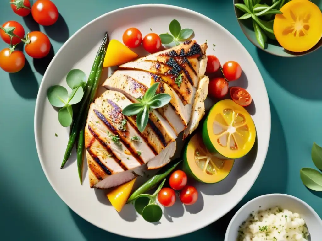 Deliciosa pechuga de pollo a la parrilla con marinado de hierbas y cítricos, acompañada de vegetales asados