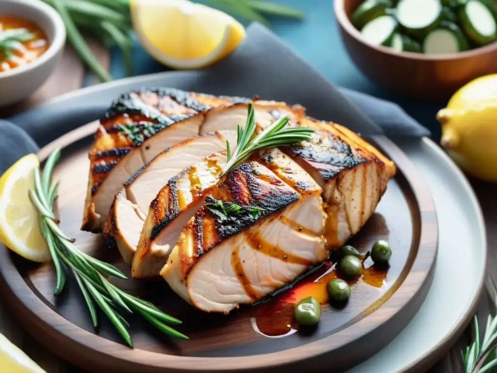 Deliciosa pechuga de pollo a la parrilla con marinados saludables para asados, rodeada de hierbas, cítricos y verduras frescas en un patio soleado