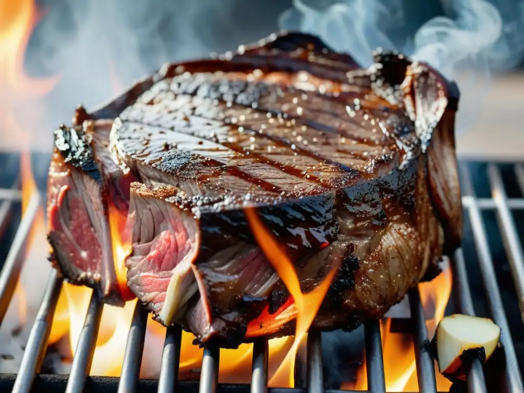 Deliciosa guía para principiantes de asado a la parrilla con un suculento ribeye marmoleado cocinándose a la perfección