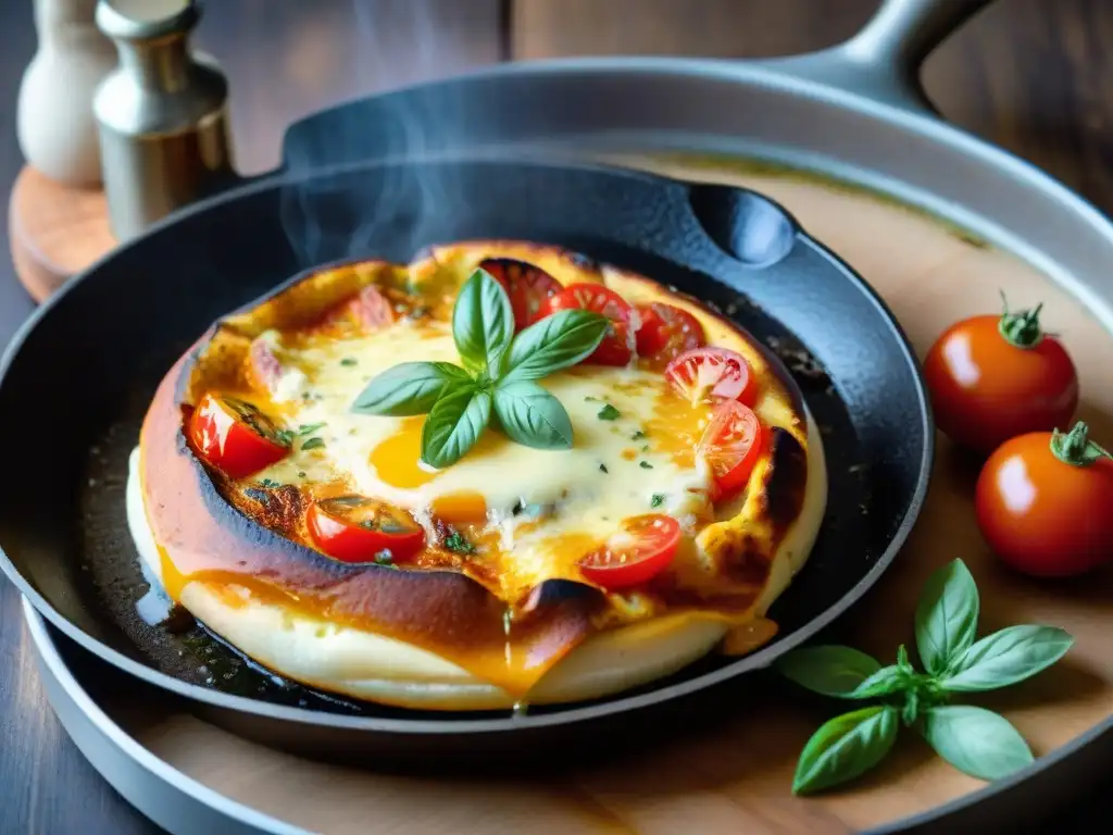 Deliciosa Provoleta uruguaya derretida perfectamente en sartén caliente, con queso fundido y hierbas frescas