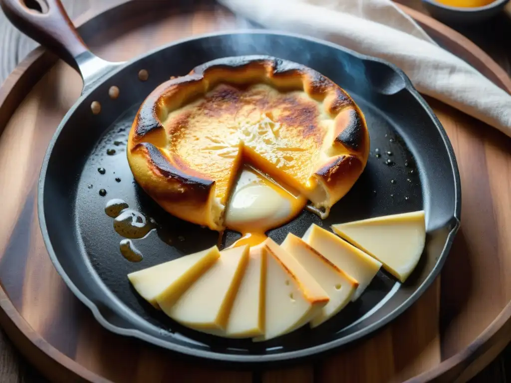 Deliciosa provoleta uruguaya derretido perfecto en sartén caliente, queso fundido estirándose al cortar con cuchillo