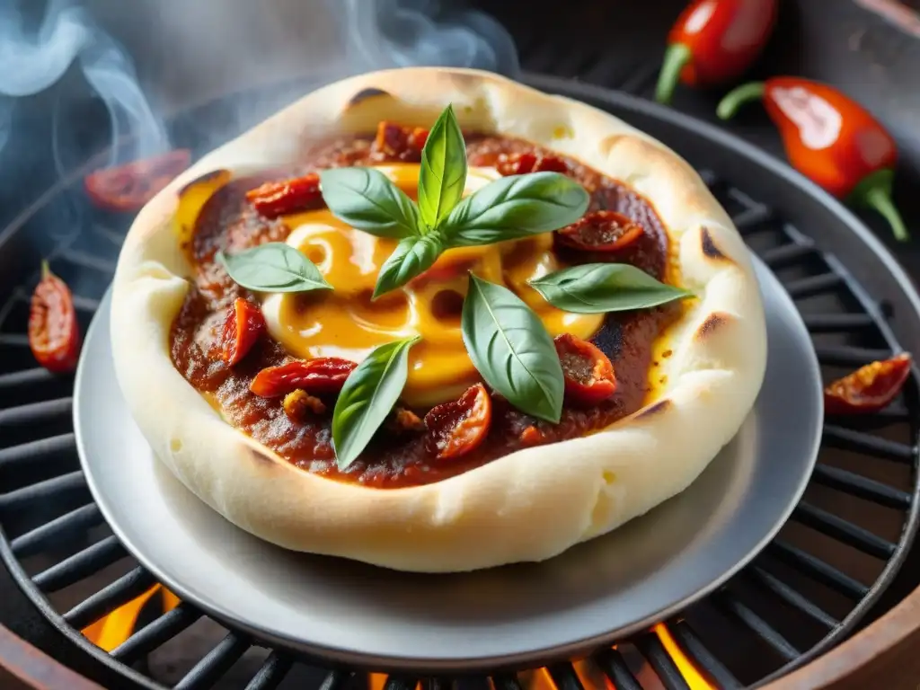 Deliciosa provoleta dorada con tomates secos y albahaca fresca, cocinándose en la parrilla de un asado argentino, rodeada de ingredientes frescos