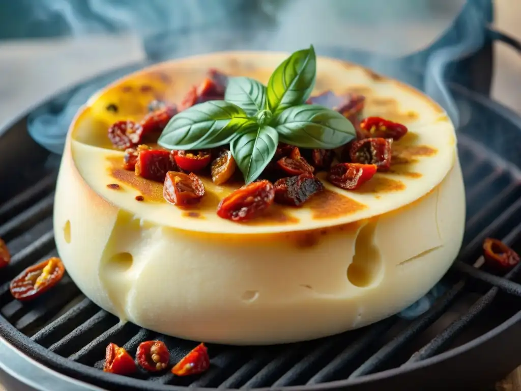 Deliciosa Provoleta dorada con tomates secos y albahaca en la parrilla, listo para derretirse, receta Provoleta asado al tomate