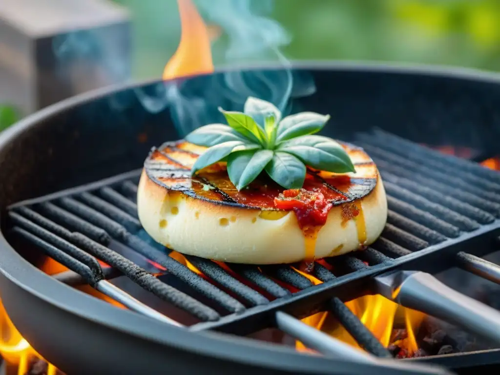 Deliciosa Provoleta asándose en la parrilla con tomate fresco y albahaca en un ambiente de barbacoa