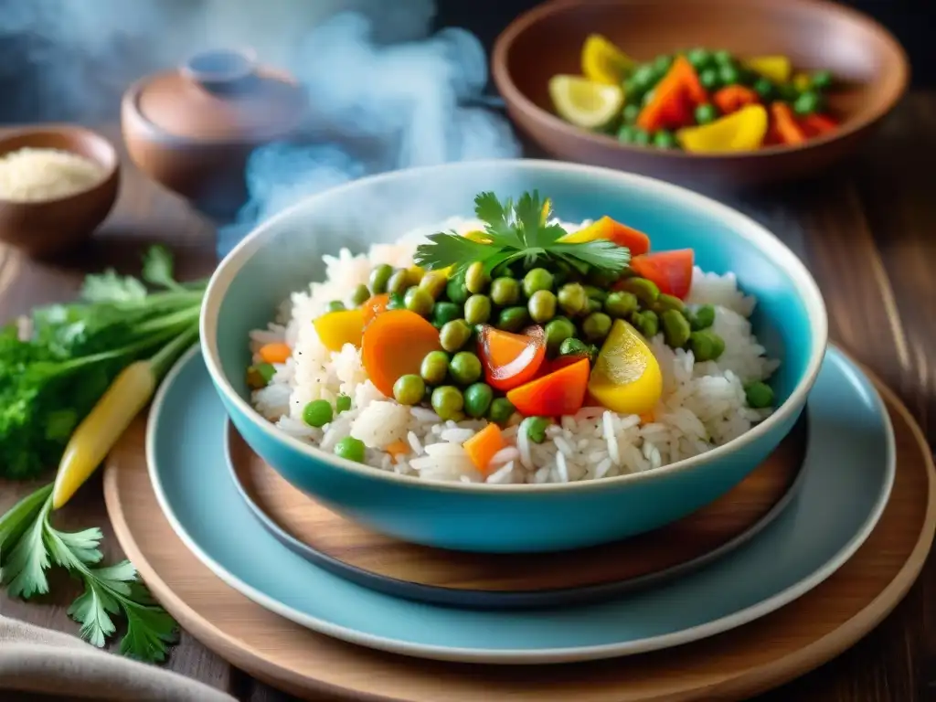 Deliciosa receta de arroz con vegetales uruguayo en un plato colorido y vibrante en una mesa rústica