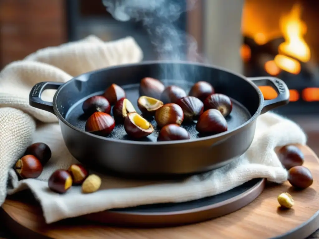 Deliciosa receta de asado de castañas en invierno, servidas en una sartén rústica con miel dorada, junto al fuego y chocolate caliente