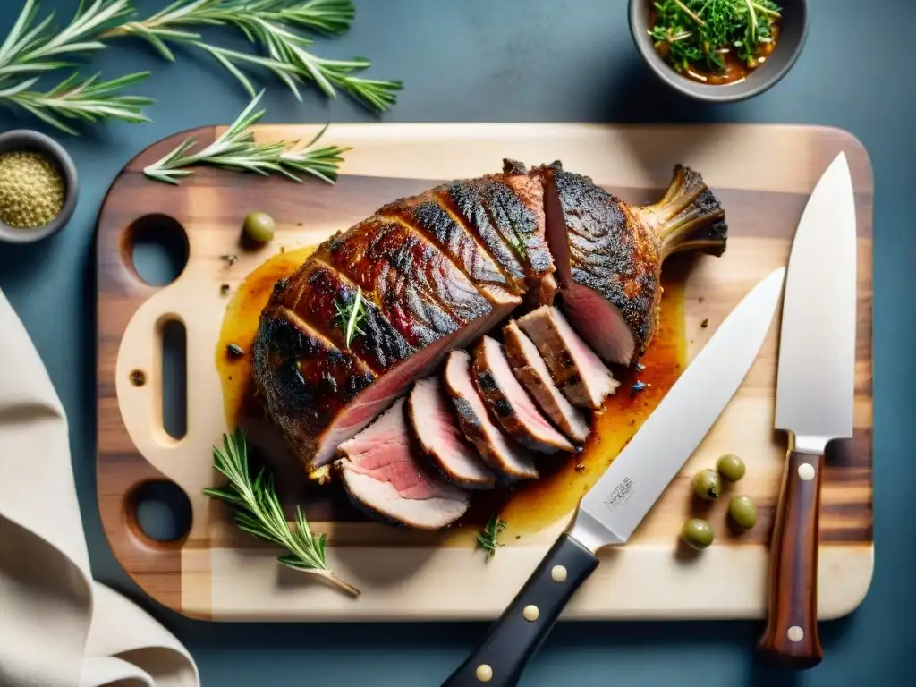 Deliciosa receta asado cordero estilo patagónico: pierna dorada rodeada de hierbas, ajo y cuchillo en tabla rústica