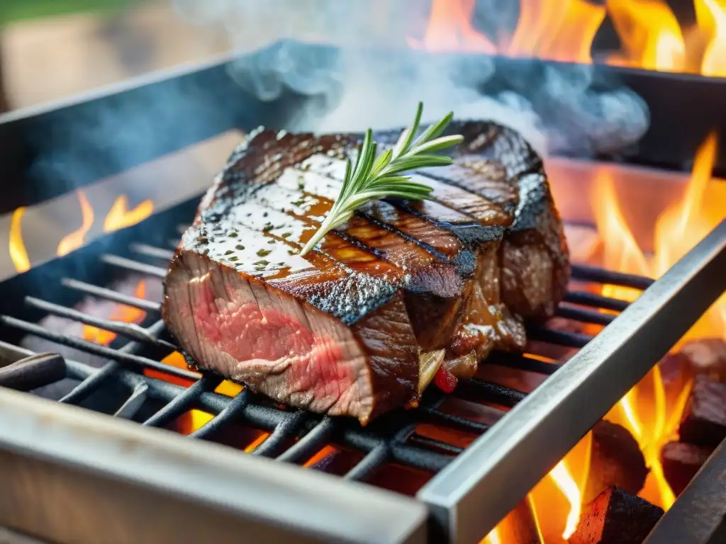 Deliciosa receta asado uruguayo gourmet: suculento steak sizzling con hierbas frescas en parrilla al aire libre