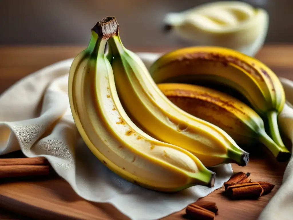 Deliciosa receta de bananas asadas con canela, mostrando la fruta madura y jugosa siendo rebanada