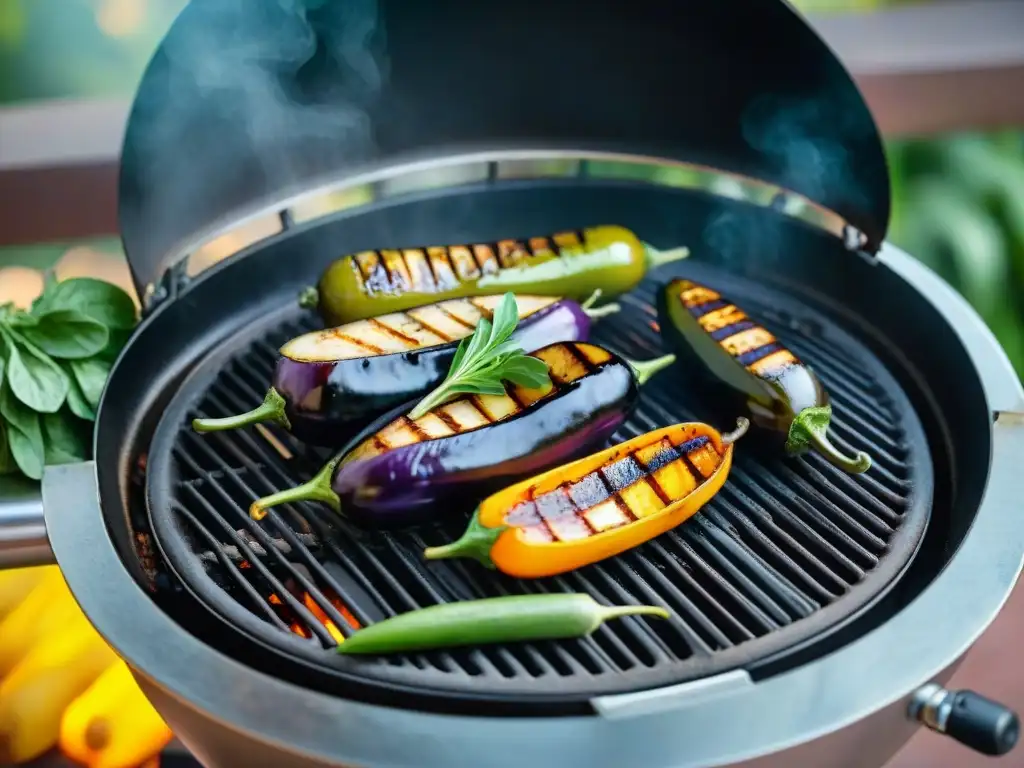 Deliciosa receta de berenjenas asadas en parrilla, rodeada de vegetales y ramas de olivo en un ambiente acogedor