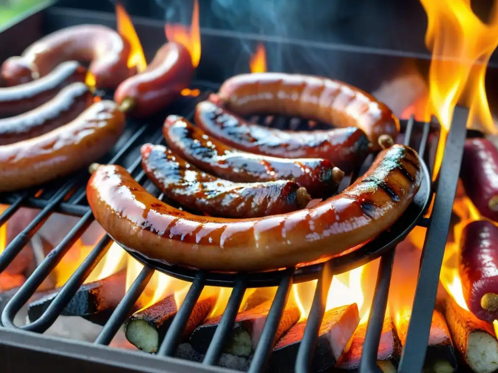 Deliciosa receta de chorizos a la pomarola cocinándose en parrilla uruguaya, con fuego y vegetación de fondo