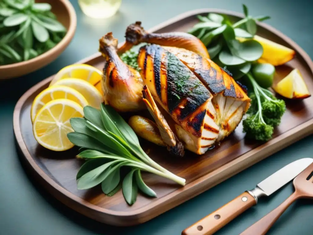 Deliciosa receta de cortes de aves: pollo uruguayo a la parrilla con guarniciones tradicionales, bañado en luz dorada del atardecer