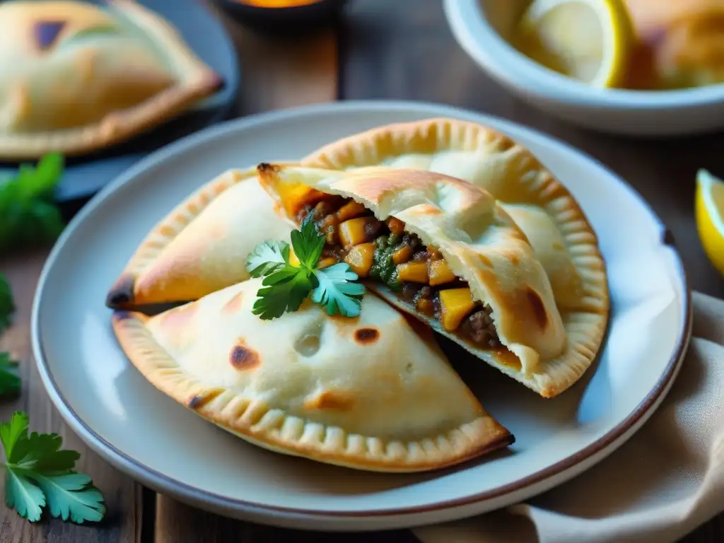 Deliciosa receta de empanadas asador tradicional en mesa rústica con chimichurri