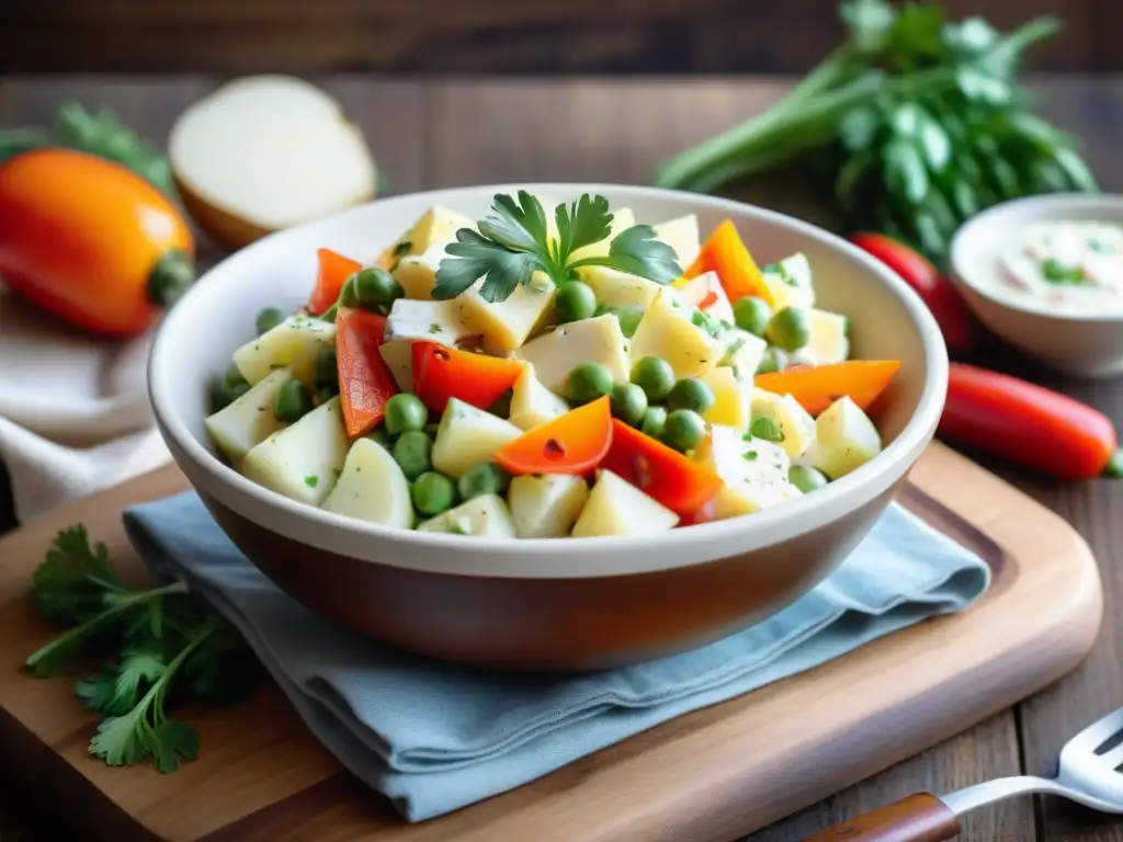 Deliciosa receta de ensalada de papas estilo uruguayo en un entorno cálido y acogedor