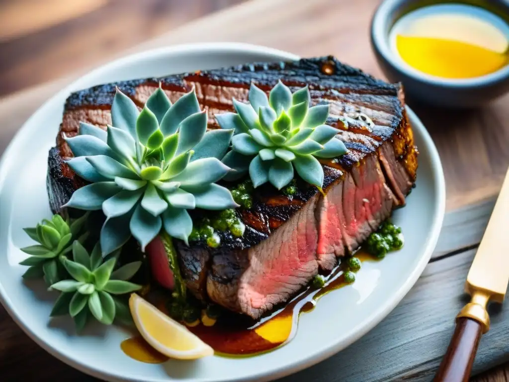 Deliciosa receta entraña marinada chimichurri con miel dorada sobre madera rústica