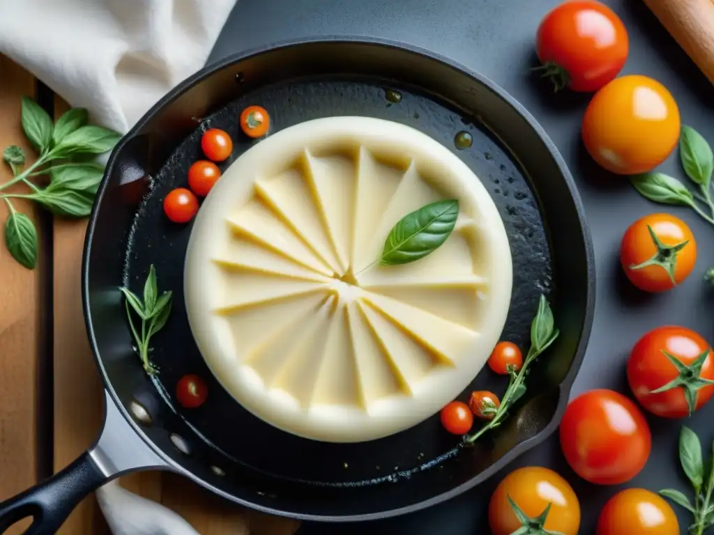 Deliciosa receta fácil queso provolone dorado y derretido en sartén, con tomates rojos y orégano fresco