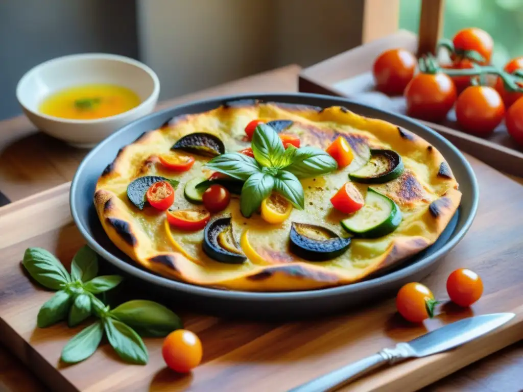 Una deliciosa receta de farinata uruguaya en una mesa rústica, con vegetales asados y hierbas frescas, bañada en aceite de oliva