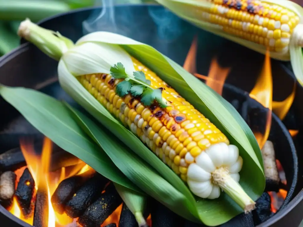 Deliciosa receta de mazorca de maíz a la parrilla con mantequilla derretida, cilantro y chiles, en un entorno de barbacoa al aire libre