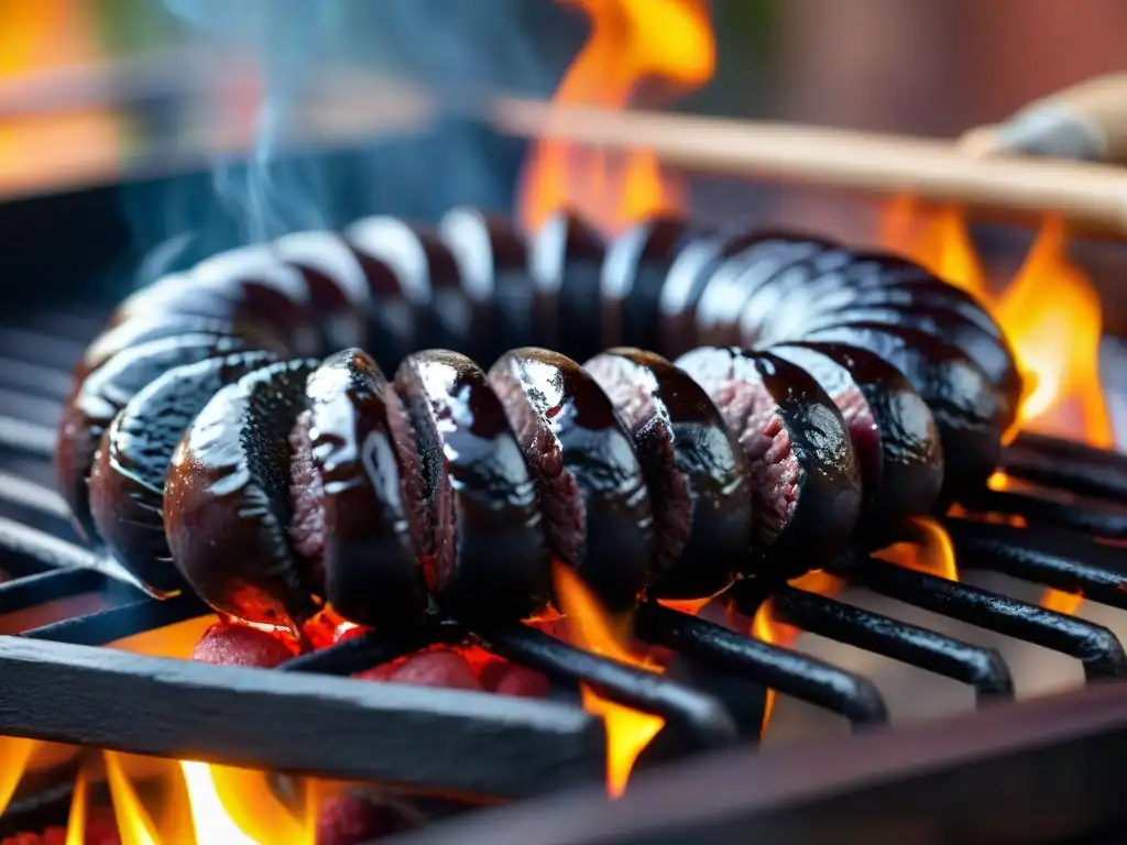 Deliciosa receta de morcilla dulce con manzanas asadas, en una parrilla humeante