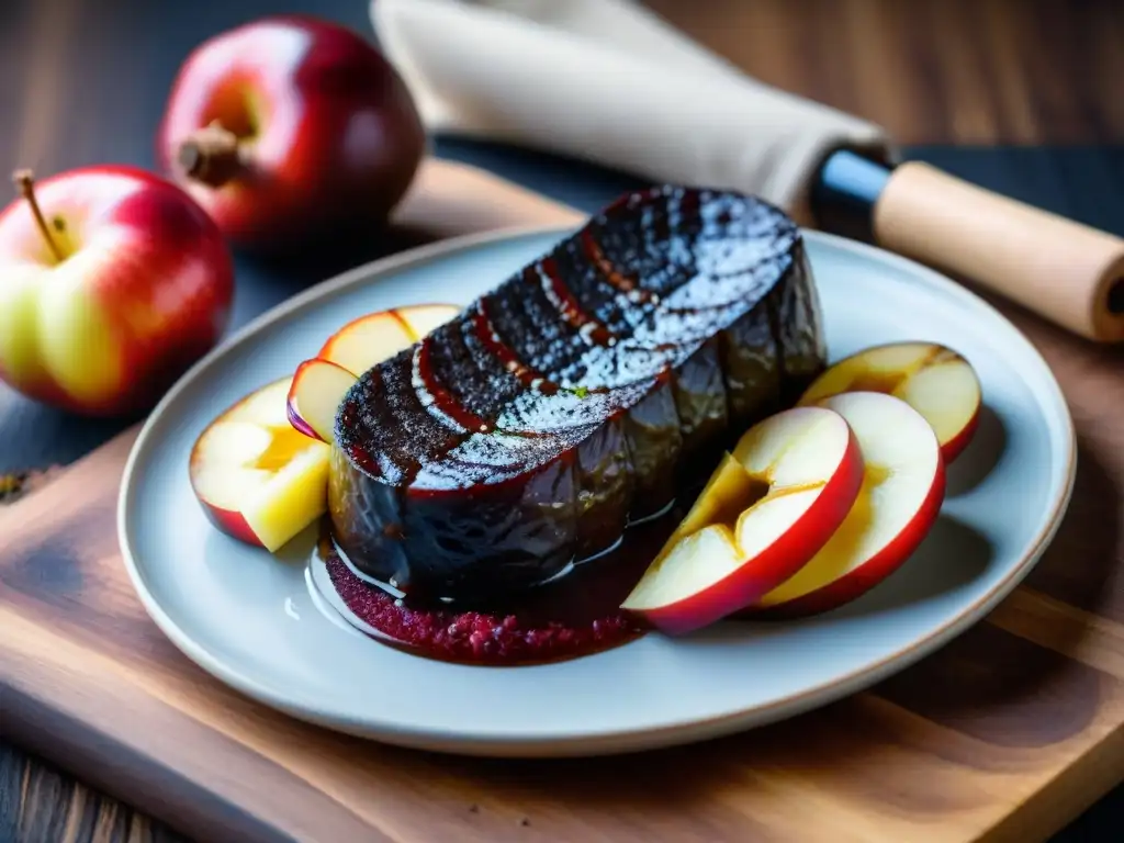 Deliciosa receta de morcilla dulce sobre manzanas asadas caramelizadas con canela y tomillo, presentada en una tabla de madera rústica